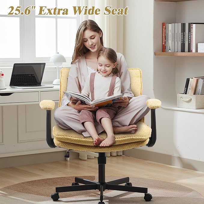 Kassipo Criss Cross Legged Office Chair with Wheels and Flip-Up Arms, Upholstered Criss Cross Desk Chair, Wide Seat Chairs for Home Office, Vanity, Apartment, Yellow