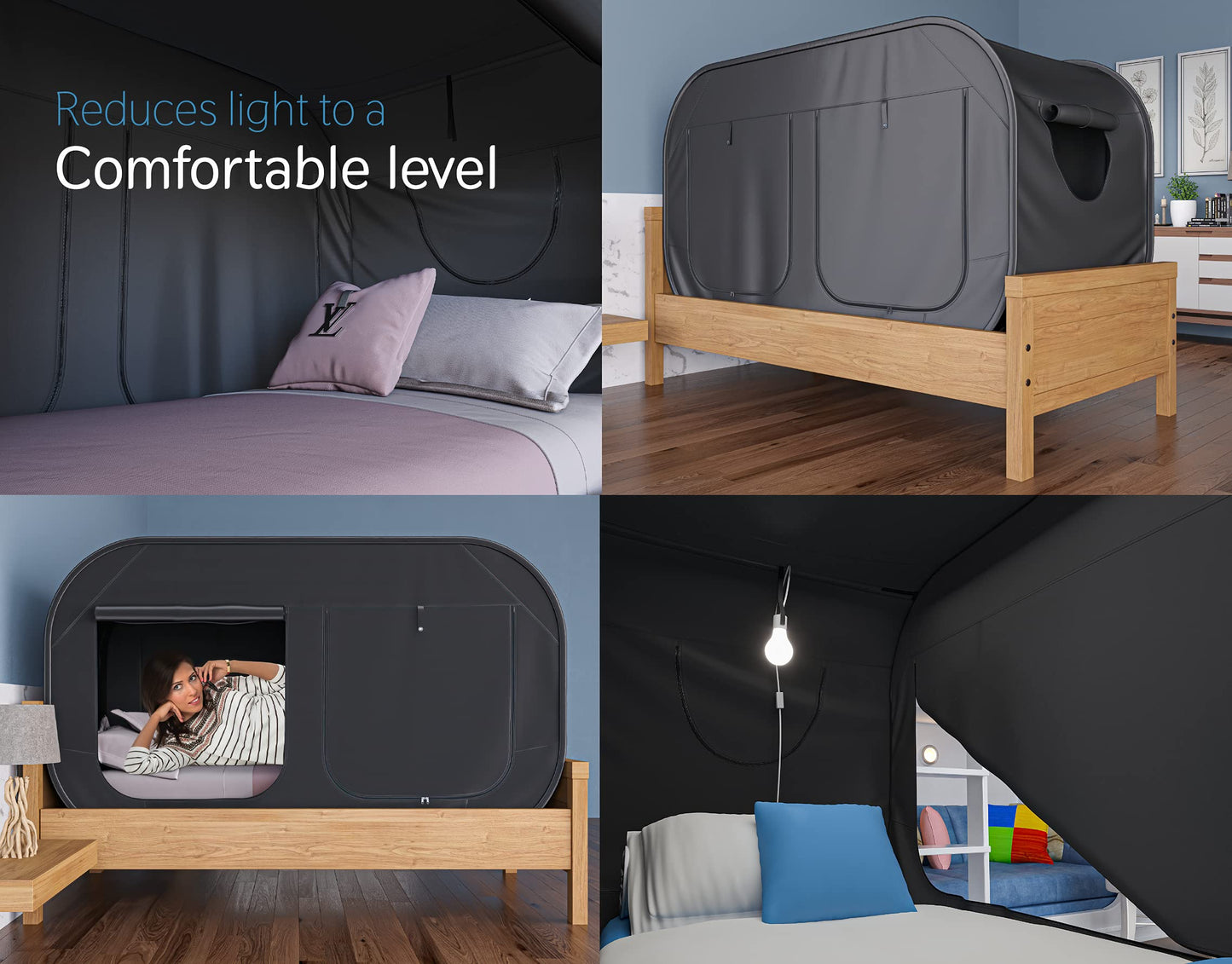 TidyFriend Twin Bed Tent, Pop-Up Privacy Canopy & Tent Beds for Kids and Adults – Cozy, Light Blocking, Breathable Pongee Fabric for Sleep, Play, or Study, Collapsible Design (Black)
