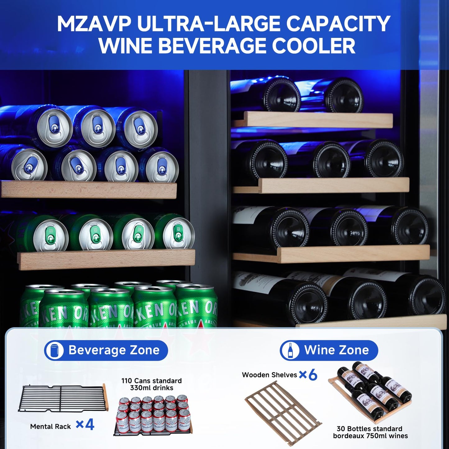 MZAVP 30 Inch Wine and Beverage Refrigerator, Dual Zone Wine Beverage Cooler, 30" Wine Cooler Under Counter or Freestanding Wine Beer Fridge with Upgraded Cooling, Holds 30 Bottles and 110 Cans, Black