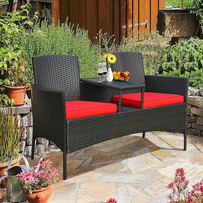 HAPPYGRILL Outdoor Loveseat Patio Rattan Wicker Conversation Set with Removable Cushions, Wicker Sofa Furniture Set with Coffee Table for Garden Lawn Backyard