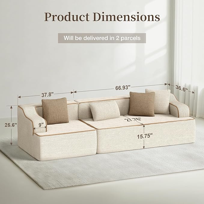 SUNSHINE VALLEY 3 Seat Boneless Sectional Couch in Box, 104'' Corduroy Modular Cloud Sofa for Living Room Bedroom, Modern Upholstered Couch with Deep Seat, No Assembly Required, Beige