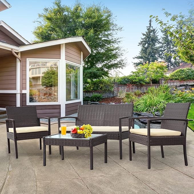 PAOLFOX 4 Piece Outdoor Patio Furniture Set, Rattan Patio Conversation Set with Table,Modern Wicker Chairs and Table Sets,Outdoor Furniture for Porch, Garden, Lawn,Beige