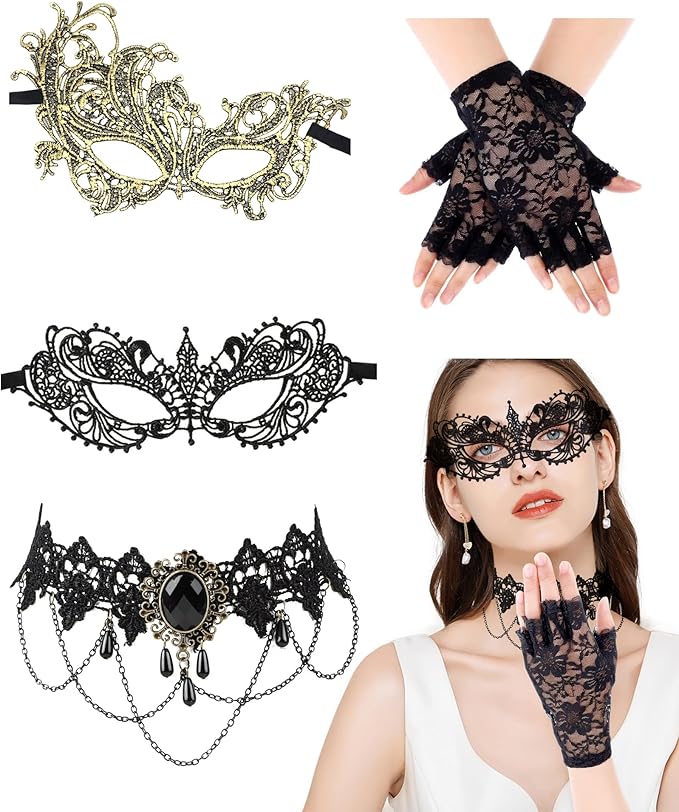 Quafochi 4pcs Masquerade Mask Set for Women – Gothic Choker, Gloves & Lace Masks, Adjustable & Lightweight for Halloween, ...