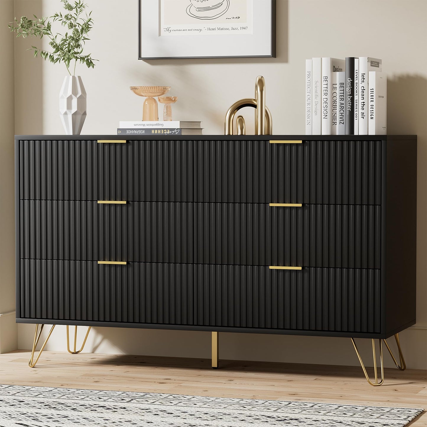 Furniway Black Dresser for Bedroom, Modern Dresser with Gold Metal Handles & Chests of Drawers for Bedroom, 15.7" D x 47.2" W x 29.5" H