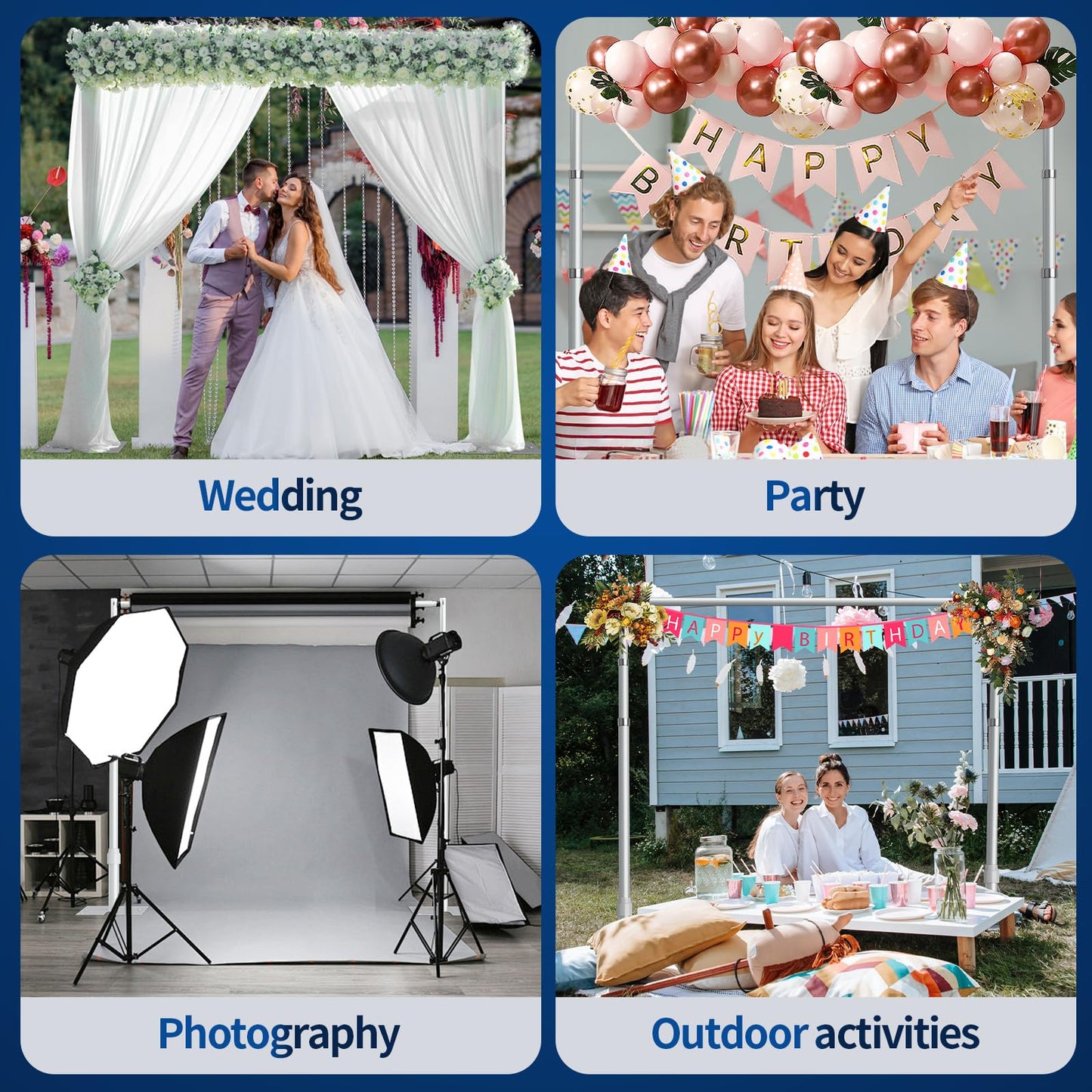 Qoolfoto Pipe and Drape Backdrop Stand, 10x10ft Heavy Duty Adjustable Backdrop Frame with Metal Base, Background Holder for Parties Photography Wedding Photoshoot Decoration