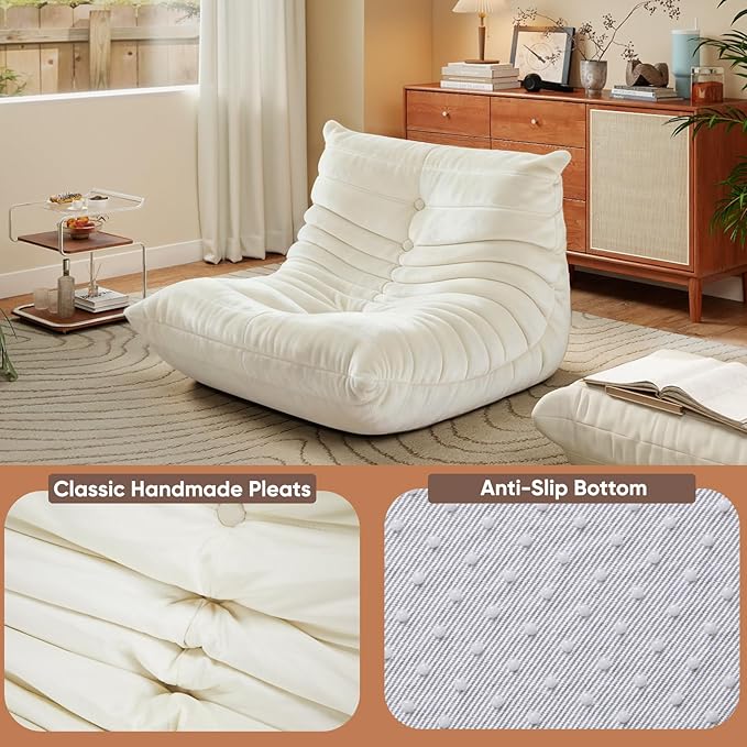 Bean Bag Chairs for Adults - Comfy Memory Foam Fireside Chair, Adult Size with Soft Dutch Velvet Fabric Beanbag Couch, Versatile for Living Room, Dorm, Reading Corner & Gaming (White)