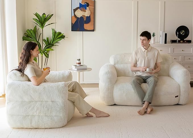 MAXYOYO Giant Bean Bag Chair for Adults, Ultra Soft Fluffy Bean Bag Sofa, Oversized Floor Sofa for Living Room Bedroom, Cozy Reading Chair with Filler, Beige