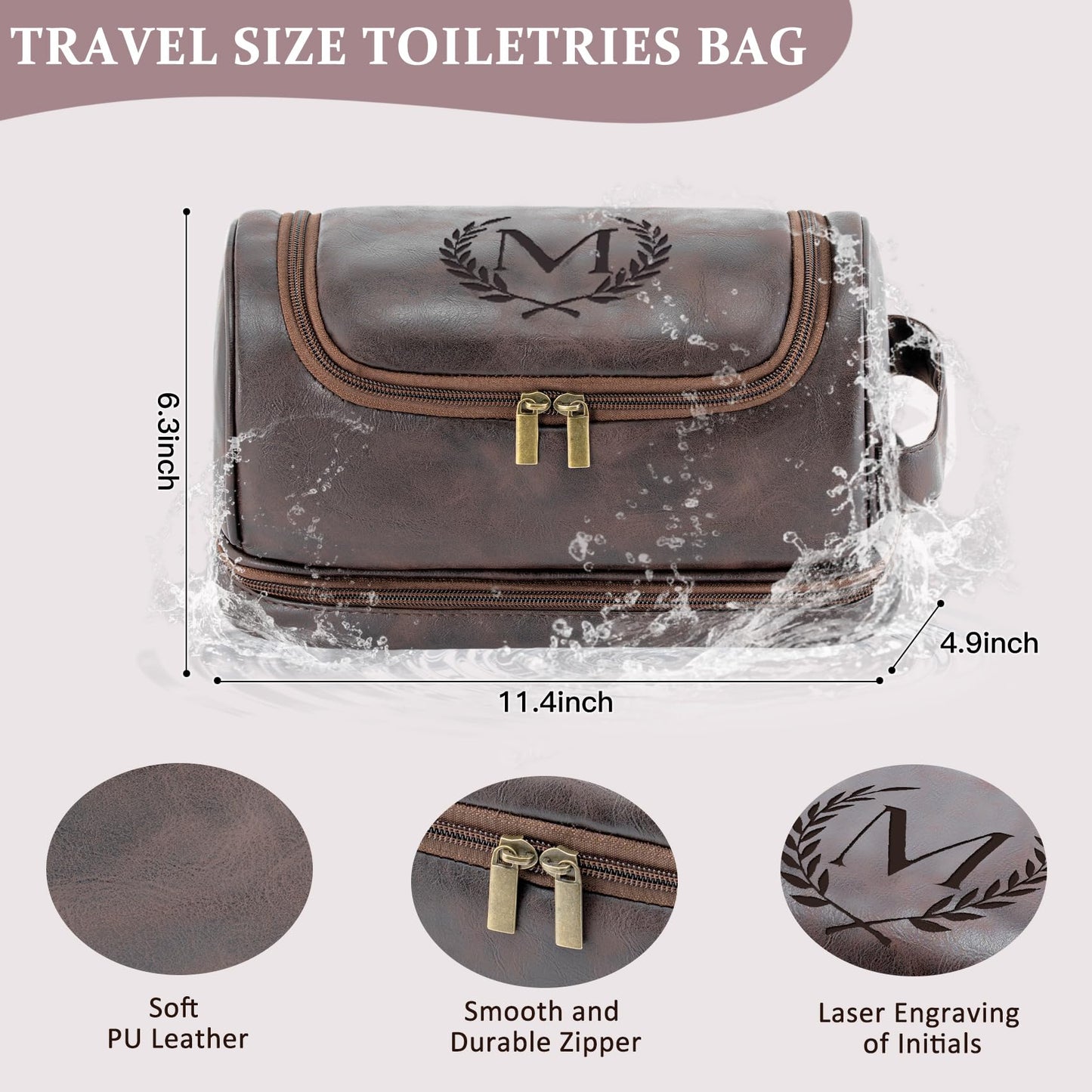 Aganmi Personalized Christmas Birthday Gifts Toiletry Bag for Men Dad Husband, Custom Initial PU Leather Waterproof Toiletry Organizer Dopp Kit Shaving Bag Travel Essential for Men, Dark Brown J