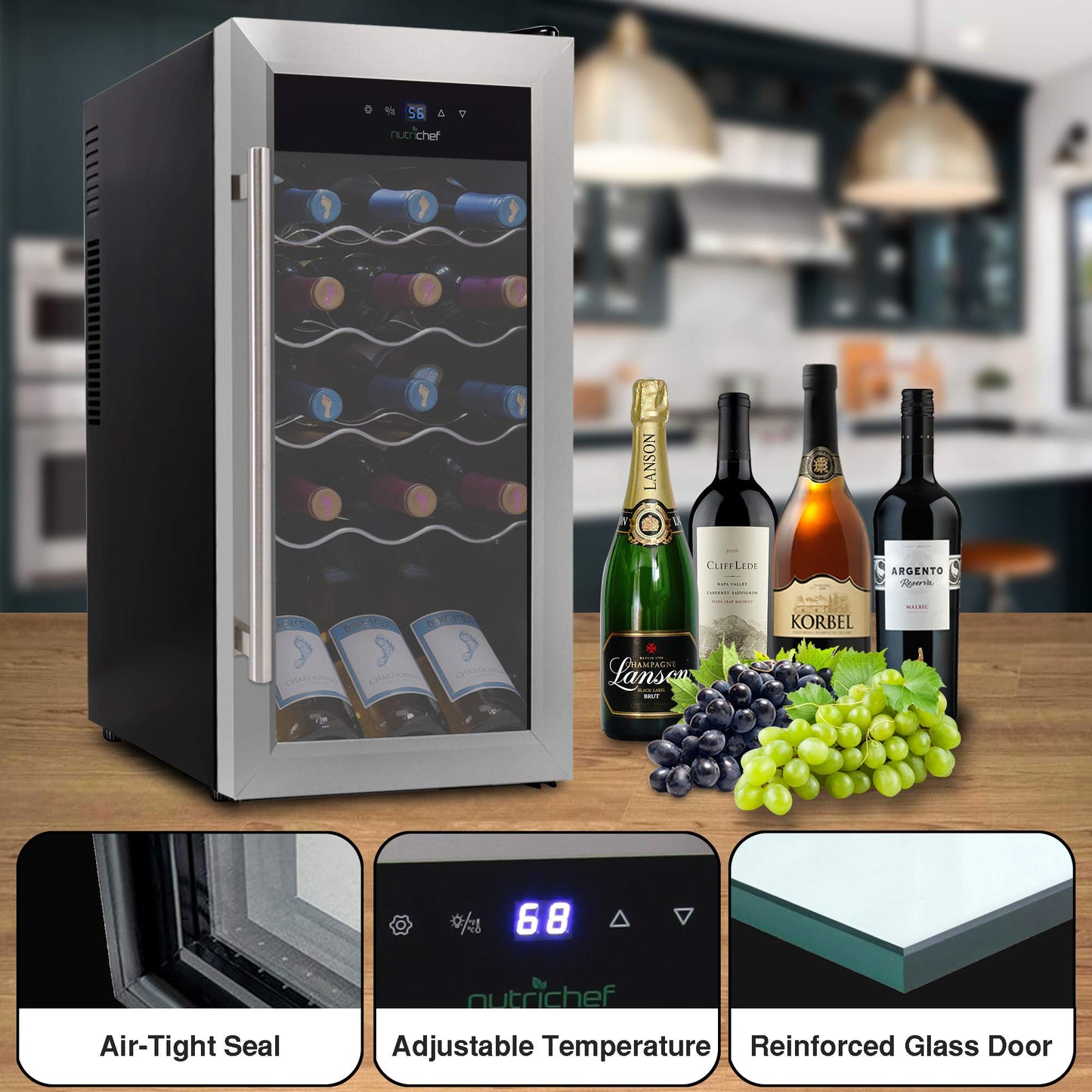 Nutrichef 18 Bottle Slim Wine Fridge | Red and White Wine Chiller | Adjustable Temperature Control 41°F to 64°F | Ultra Quiet Operation | Mini Wine Cooler for Home & Office | 30x13x17 IN