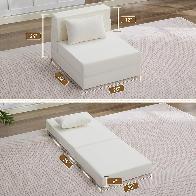 WUTUTUEE Folding Sofa Bed Convertible Floor Couch Foldable Chair Bed with Pillow，Linen Sleeper Chair Futon,Foldable Memory Foam Mattress for Bedroom/Living Room/Dorm/Office (Beige, Single)