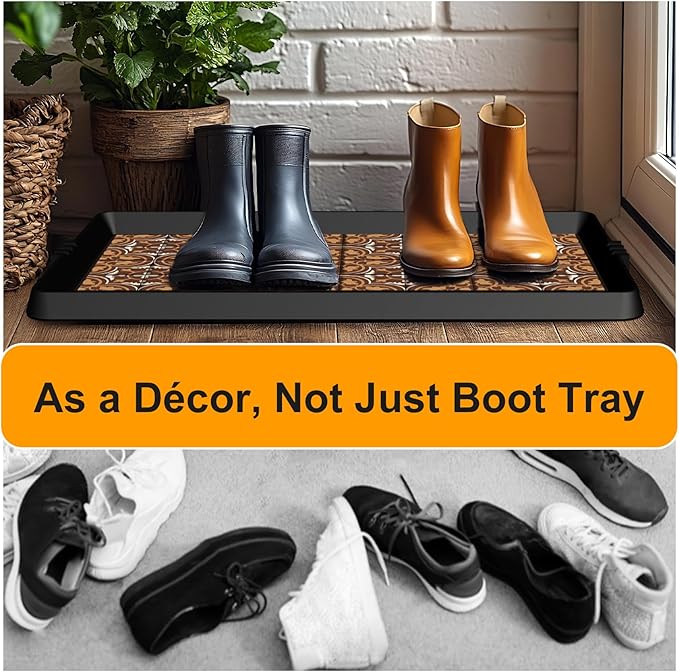 BEHERO Boot Tray Shoe Mat Decorative Patterned, Rubber Boot Matt Tray Indoor and Outdoor Use, 16" x47.5" Shoe Cleaning Mat Non-Slip, Shoe Storage Waterproof with Artistic Prints for Entryway (Brown)