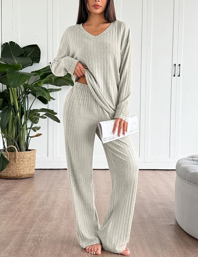 Ekouaer Lounge Sets for Women Long Sleeve Knit Ribbed Pajama Sets 2 Piece Casual Loungewear with Pockets