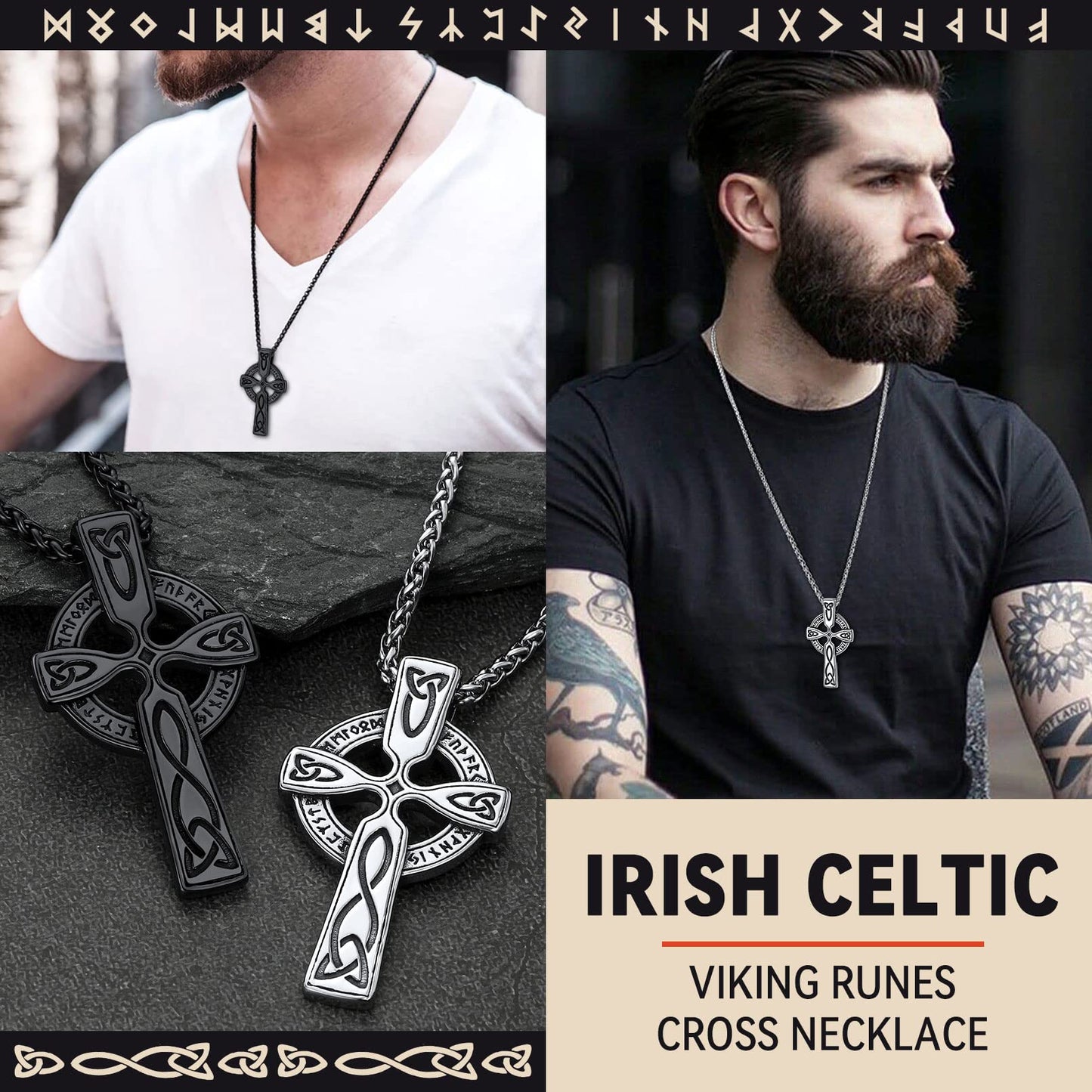 FaithHeart Viking Cross Rune Pendant Necklace Vintage Celtic Knot Neck Chains for Men Women Birthday Gift