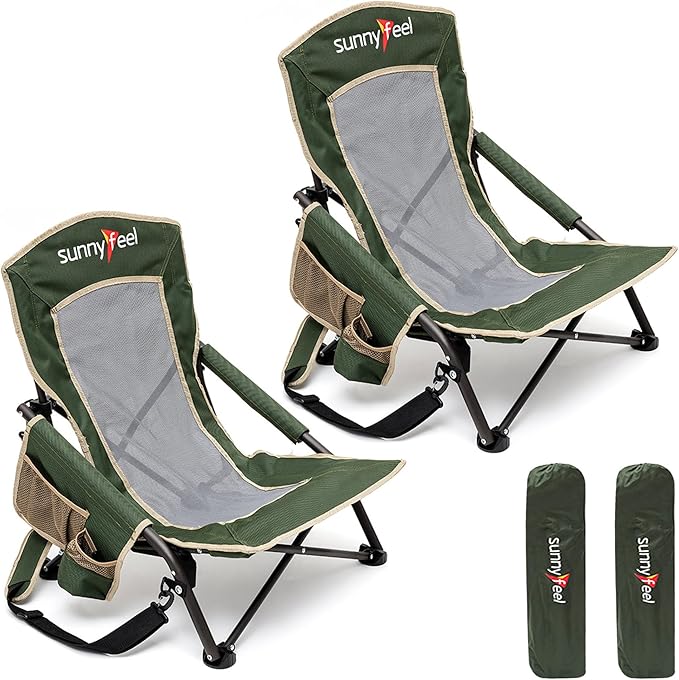 SUNNYFEEL Folding Low Camping Beach Chair 2 Pack, Lightweight Portable Lawn Chair with Mesh Back, Cup Holder for Outdoor/T...