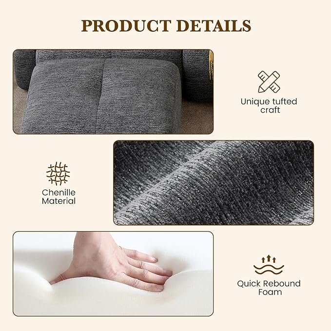122" L Shaped Convertible Modular Couch, Cloud Couch Sectional with Ottoman, 4-Seater Chenille Boneless Couches for Living Room, Apartment, No Assembly, Grey Black 1PCS
