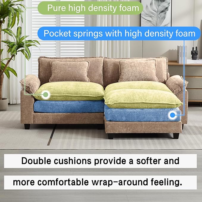 Oprisen 86" Modular Sectional Sofa, Comfy Cloud Couch Sectional Sofa with Ottoman, Chenille Sofa Sleeper Deep Seat Sofa with Throw Pillows for Living Room (Khaki, 86"- L Shape)