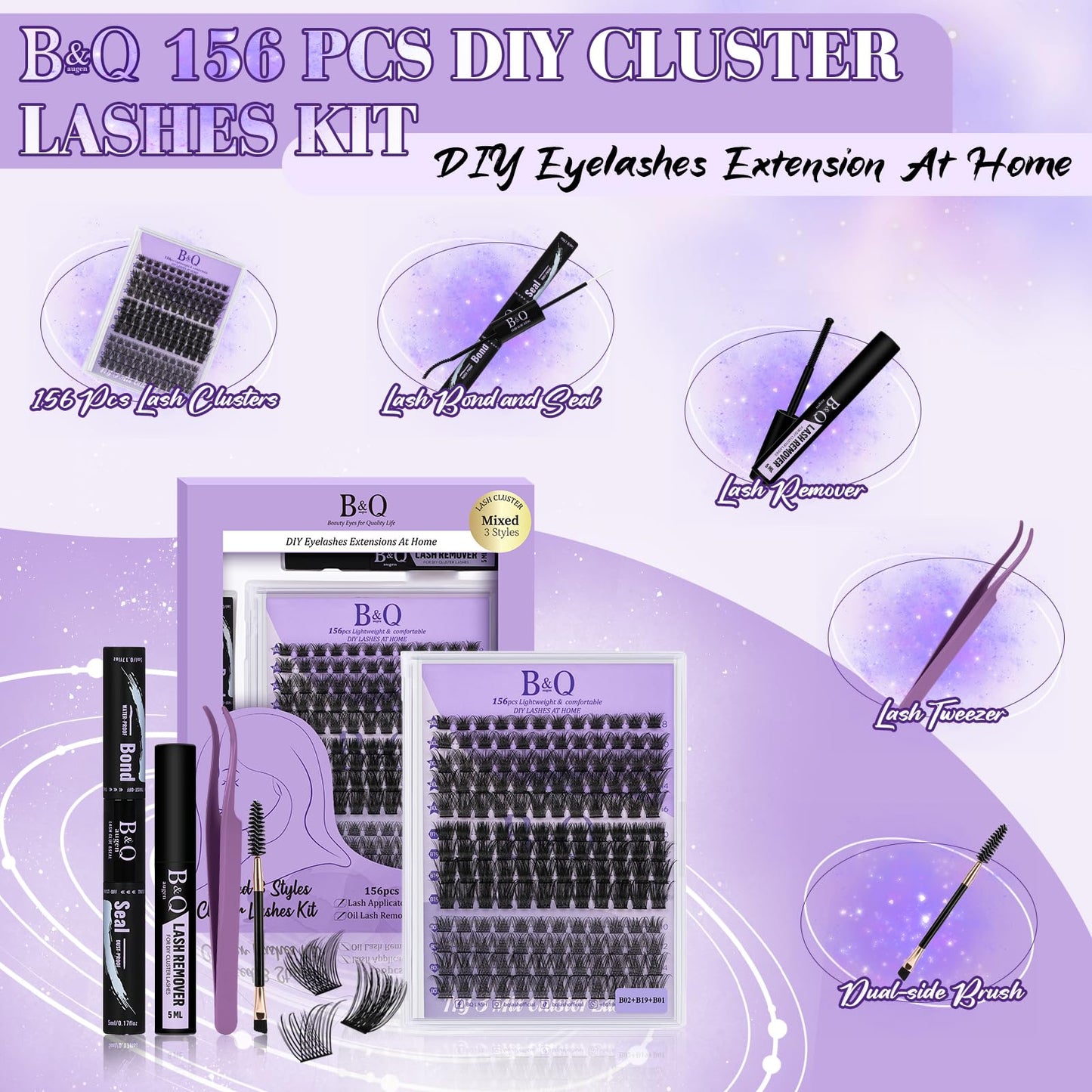 Lash Clusters Kit B01+B02+B19 Eyelash Extension Kit B&Qaugen DIY Lash Extension Kit 156 PCS Lash Clusters 8-18mm Cluster with La