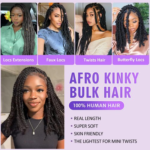 Afro Kinkys Bulk Human Hair 12Inch 30g/pack 100% Natural Black Human Hair For Making Micro Locs, Twists, Braids, Dreadlocks Extensions, Locs Repair, Crochet Braiding Hair（12 Inch，Pack/4）