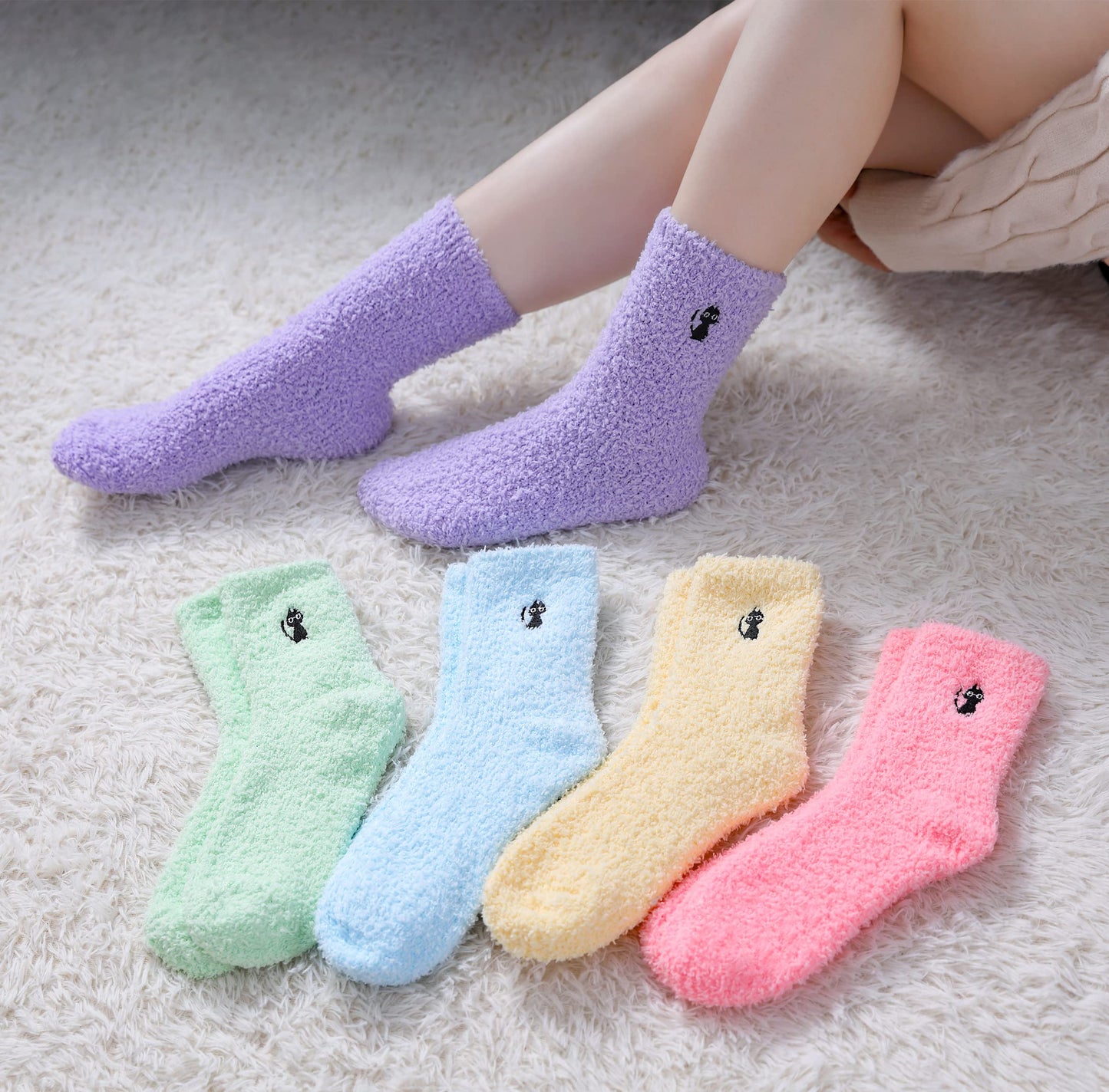 MQELONG Womens Super Soft Fuzzy Cozy Home Sleeping Socks Microfiber Winter Warm Slipper Socks (5 Pairs Cat)