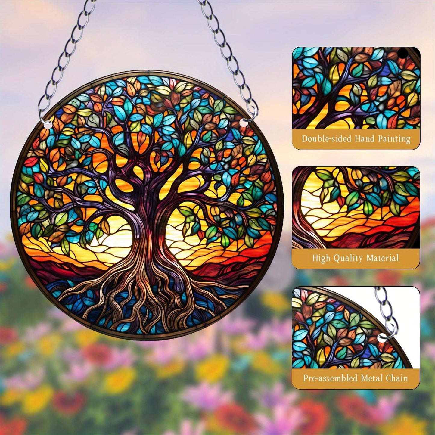 Tree of Life Stained Window Hangings with Chain – Acrylic Tree Ornament for Garden, Patio and Indoor Decor, Housewarming Gift for Mom, Grandma