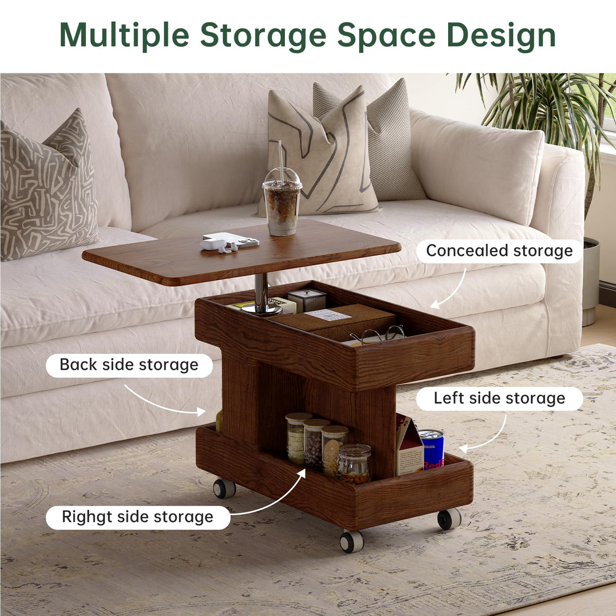 Vadisun 100% Solid Wood Lift Top Coffee Table, Small Bedside Table with Rolling Wheels, Adjustable Side Table for Dining Room, Recliner and Small Places(Walnut, Fully Assembled Furniture)