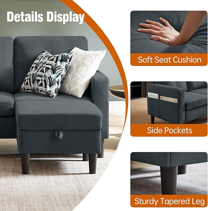 Pingliang Home Sectional Sofa Couches for Living Room, Modular 3 Seats Sectional Sofas L Shaped Couch with Storage and Reversible Chaise, Linen Fabric, 79" (Dark Grey)