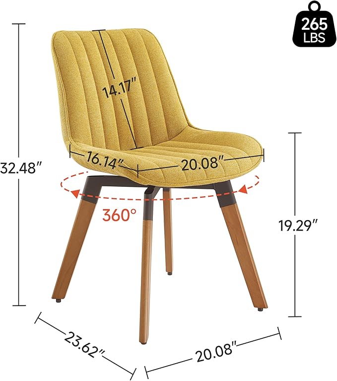 Art Leon Swivel Dining Chairs Set of 2, Mid Century Modern Kitchen Dining Room Chairs, Upholstered Fabric Armless Side Chair with Wood Legs for Living Room Bedroom, Yellow