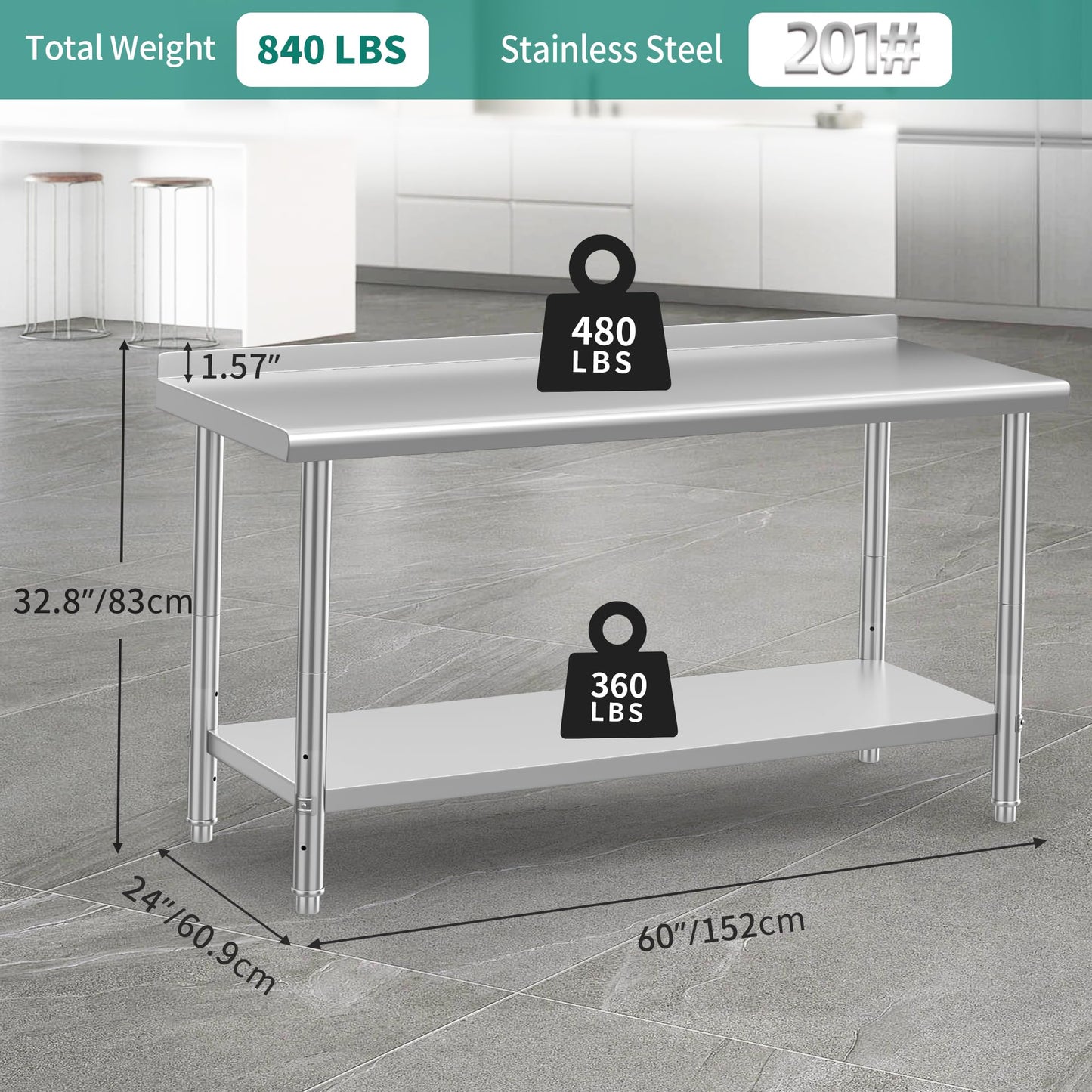 YITAHOME 60" x 24" Stainless Steel Table for Prep & Work with Backsplash, NSF Commercial Heavy Duty Table with Undershelf for Home Kitchen Restaurant Garage Warehouse