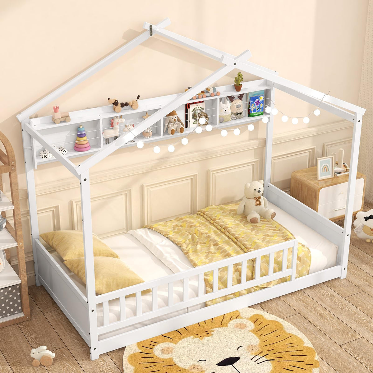 Giantex Twin Floor House Bed with Storage Shelf, Wood Twin Bed Frames with Headboard & Guardrail, Montessori Floor Bed Twin with Wooden Slat Support for Kids Boys Girls, Kids Bed, White