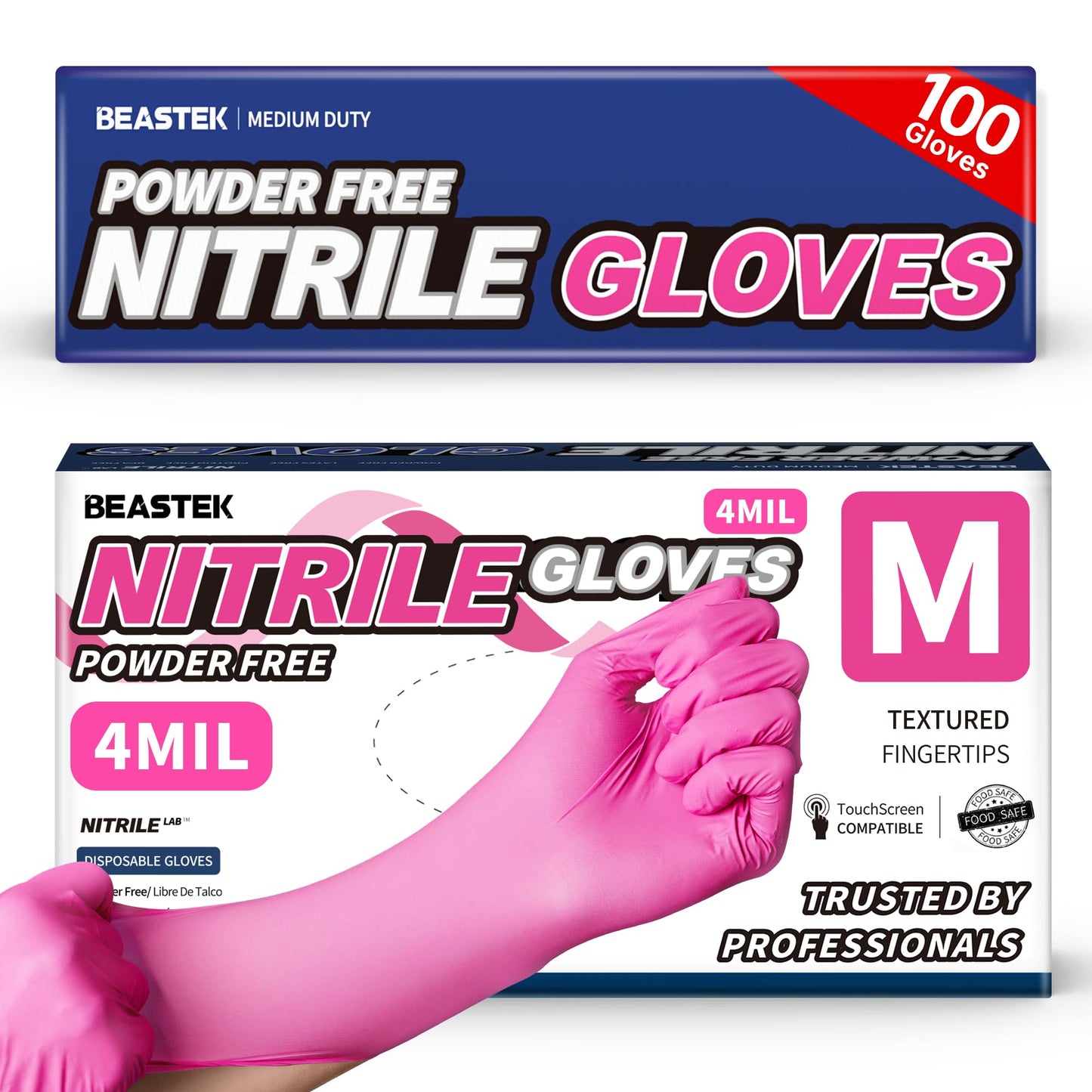 Beastek Nitrile Exam Gloves, 4 Mil 100 Pcs Powder-Free Latex-Free Medical Cooking Food-Safe Disposable Gloves, Hot Pink (Medium)