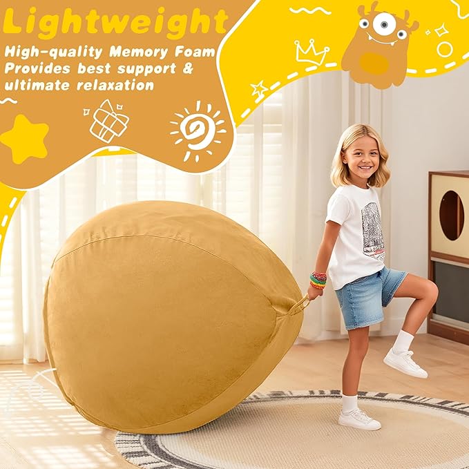 HABUTWAY 2FT Bean Bag Chair, 2' Beanbags Small Bean Bag Chairs with Filling, Teardrop Bean Bag Chair Luxurious Velvet Ultra Soft Fur with Removable Cover(Mustard)