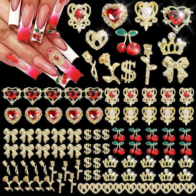 85 Pcs 3D Gold Nail Charms Y2K Bulk Nail Art Decor Set Nail Charms and Gems Including Heart Rhinestones for Nails, Cherries, Dollars, Roses, Crowns, and More for Nail Art Decoration Jewelry