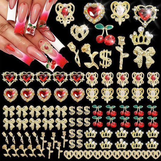 85 Pcs 3D Gold Nail Charms Y2K Bulk Nail Art Decor Set Nail Charms and Gems Including Heart Rhinestones for Nails, Cherries, Dollars, Roses, Crowns, and More for Nail Art Decoration Jewelry
