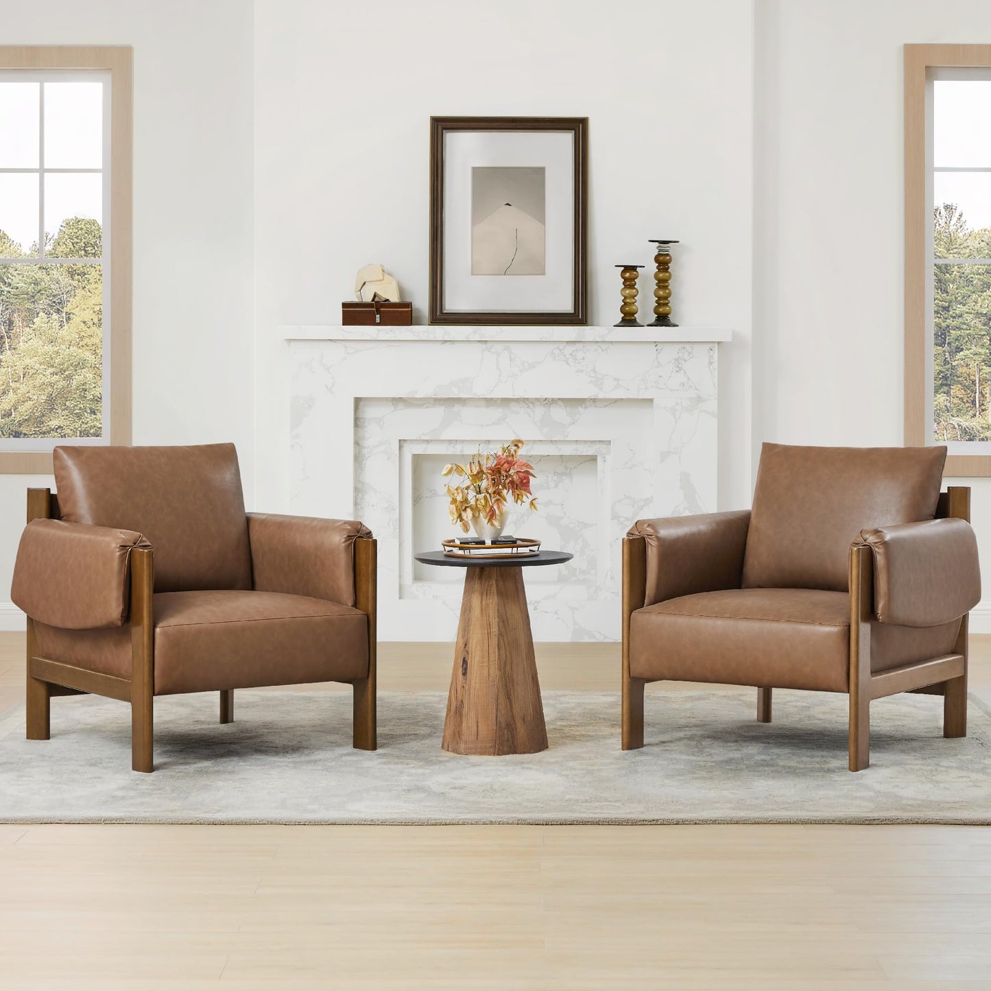 CHITA Accent Chair, Mid Century Modern Upholstery Armchair for Living Room, Solid Wood Frame, Faux Leather in Saddle Brown