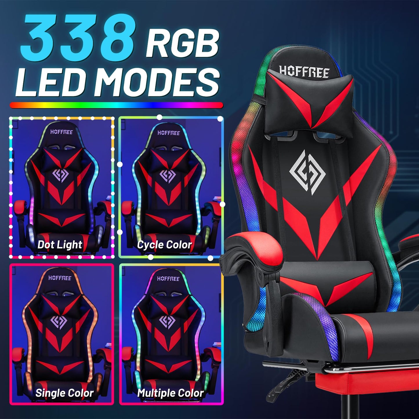 HOFFREE RGB Gaming Chair with Speakers and Massage Ergonomic Computer Chair with Lights and Footrest Reclining Video Game Chairs for Adults Red and Black
