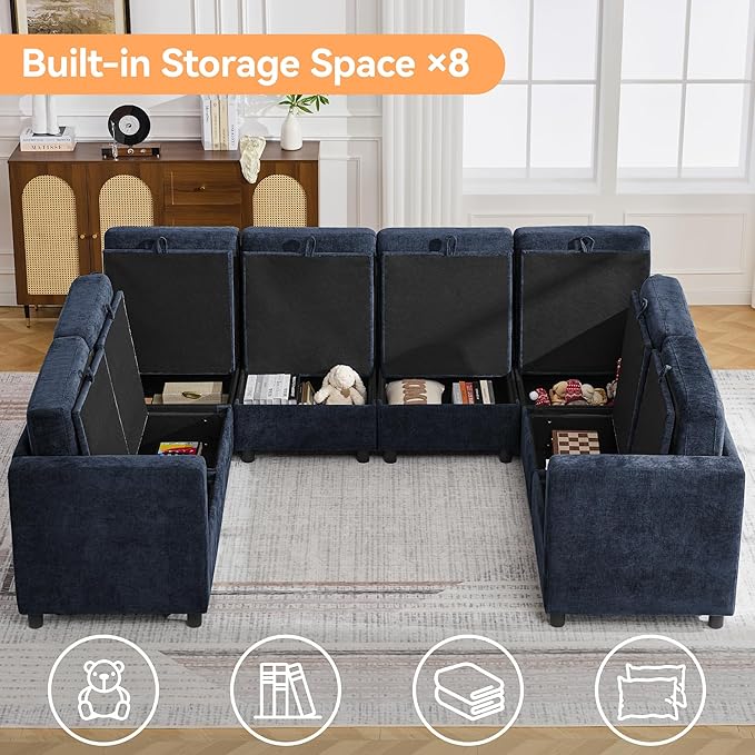 104'' U Shaped Modular Sofa, Sectional Couches with Storage for Living Room, Oversized 8 Seater Cloud Sectional Couch, Chenille Navy