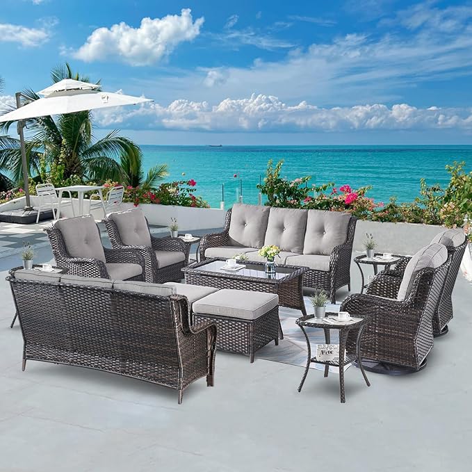 Belord Wicker Patio Furniture Sets - 13 Piece Outdoor Rattan Furniture Conversation Sets with 4 Swivel Rocker Chairs, 2 Rattan Sofas, Wicker Ottomans and Coffee Table, Brown/Grey