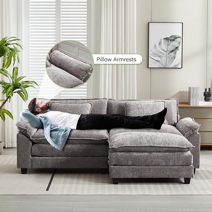 Oprisen 86" Modular Sectional Sofa, Comfy Cloud Couch Sectional Sofa with Ottoman, Chenille Sofa Sleeper Deep Seat Sofa with Throw Pillows for Living Room (Light Gray, 86"- L Shape)