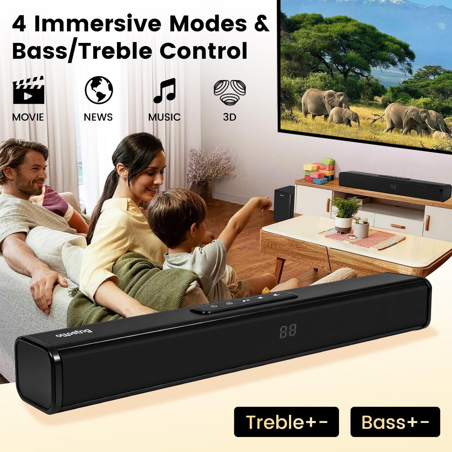 ottosing Bluetooth Soundbar with Wireless Subwoofer,Sound bar with Optical/ARC/AUX and Bluetooth 5.0 Inputs, 2.1 ch Surround Sound System for TV PC Game Music/Movie/News