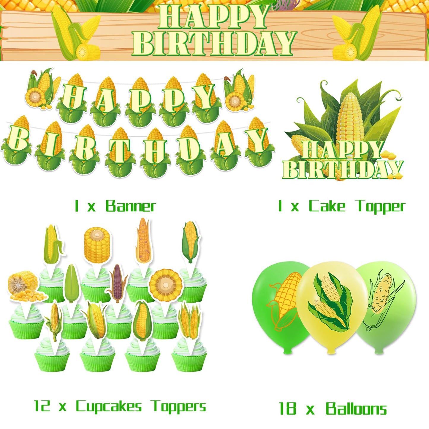 Corn Party Decorations Vegetable Birthday Supplies - Happy Birthday Banner, Cake Topper, Cupcake Toppers, Balloons for Baby Shower, Wedding - Vegetable Party Decorations