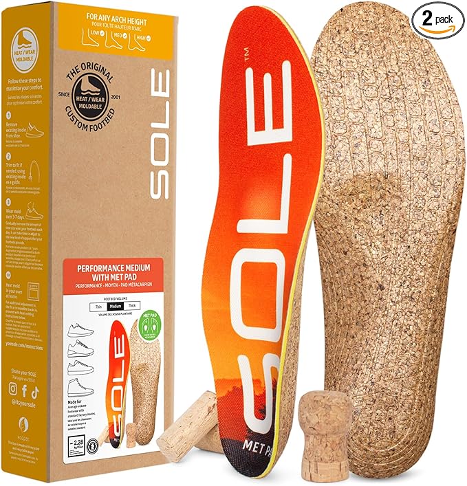 SOLE Performance Medium + Met Pad Insoles - Custom Moldable Orthotic Support for Any Arch Type, Plantar Fasciitis Relief - Mens Size 3/Womens Size 5, 1 Pair
