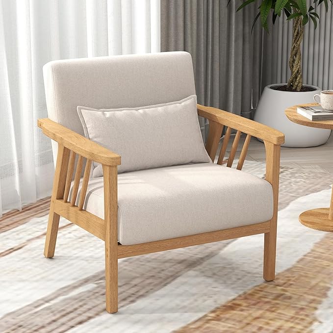 SEYNAR Mid-Century Accent Chair, Linen Fabric Armchair and Lounge Chair with Lumbar Pillow, Wide Seat & Solid Wood Frame for Living Room, Bedroom or Balcony(Beige)