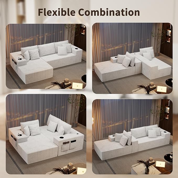Cibert 104.3" Modular Sectional Sofa, Beige Boneless Couch Left Chaise L Shaped Couch with USB Ports, 2 Cup Holders, 2 Side Storage Bags & Lint Remover, No Assembly Sectional Couches for Living Room