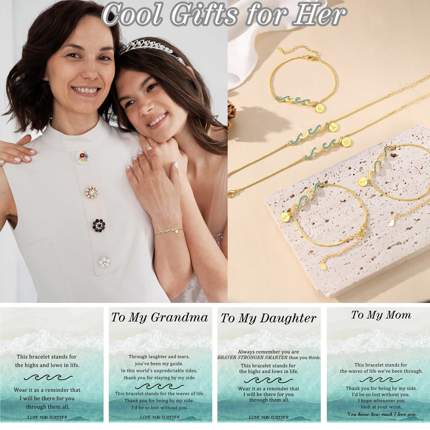 Gifts for Mom from Son, Presents for Mom Stocking Stuffers for Women O Initial Bracelets for Women Dainty Gold Bracelet with Wav