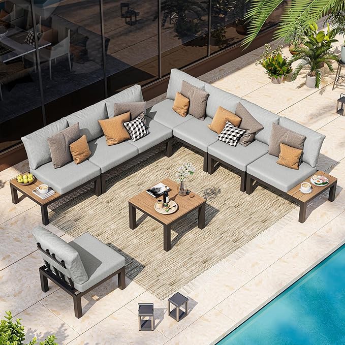 Oasbira Aluminum Modular Outdoor Patio Furniture Set, 8 Seats Sectional Sofa Set with Adjustable Backrest & Thick Cushions, All-Weather L-Shaped Corner Set with Table for Garden & Yard, Gray