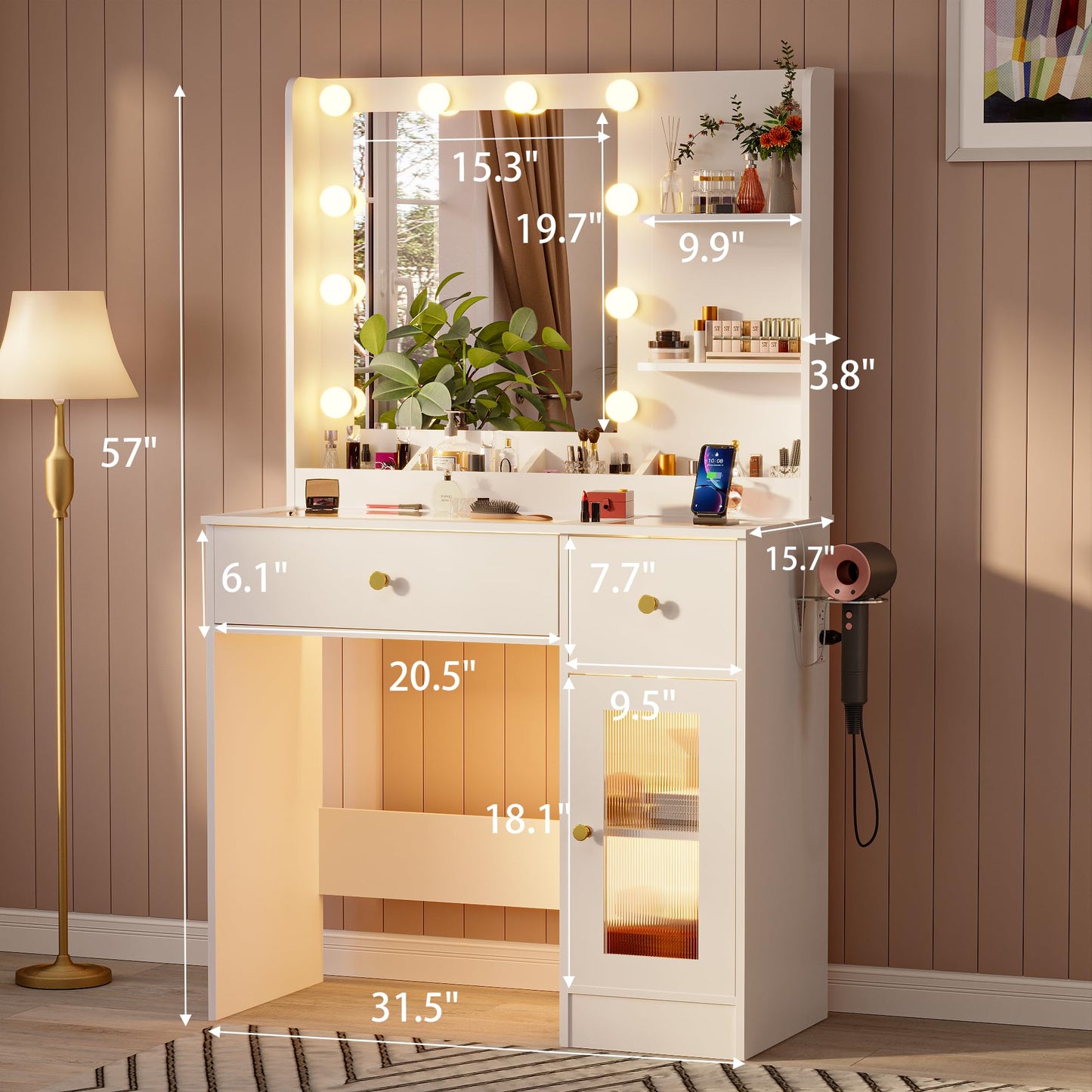 LAKEMID Vanity Desk with Mirror and Bulbs Lights, White Glass Top Makeup Vanity Table with Drawers & Power Outlet,3 Lighting Modes & Adjustable Brightness, Modern Vanity Dressing Table with Cabinet