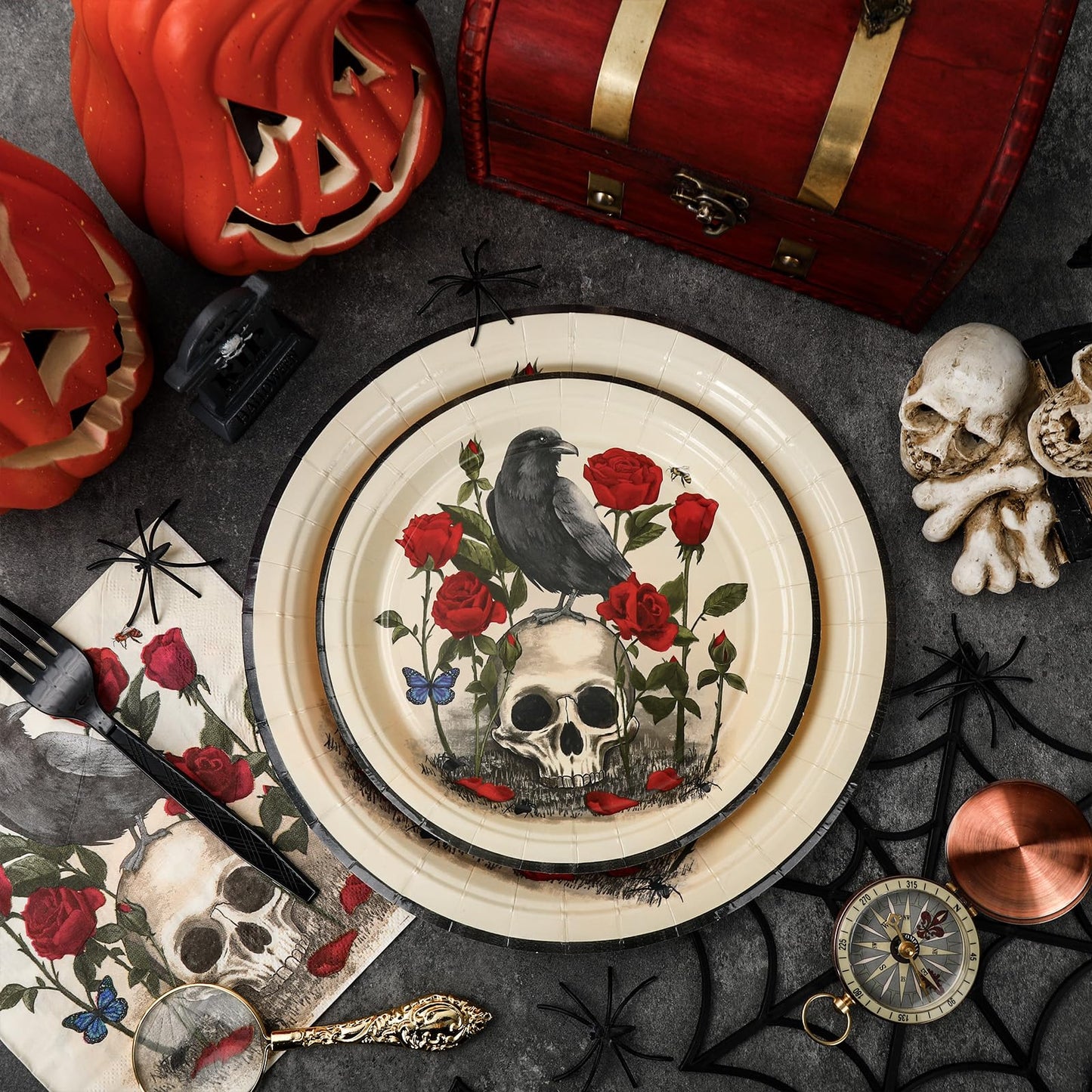 JarThenaAMCS Halloween Party Supplies Kit Serves 25 Skull Rose Paper Plates Napkins Plastic Forks for Birthday Party Tableware Supplies, 100Pcs