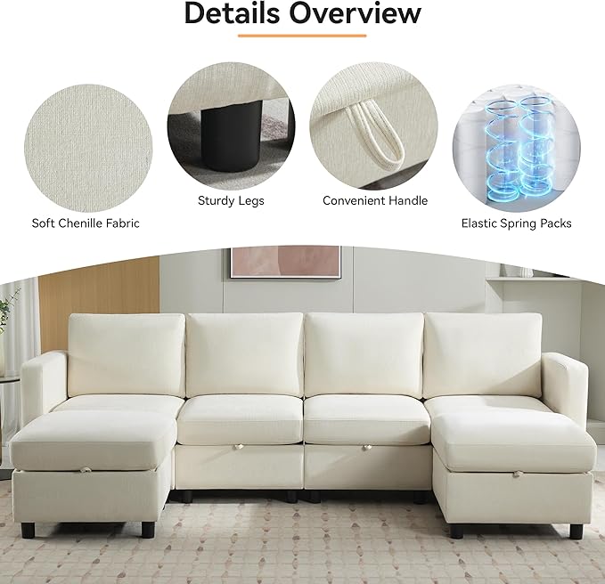 WUTUTUEE 58”Modular Sectional Loveseat Sofa, Modern Love Seat 2 Seater Sofa Couch with Storage, Chenille Modular Sectional Couch for Living Room, Bedroom, Office, Small Apartment, Beige