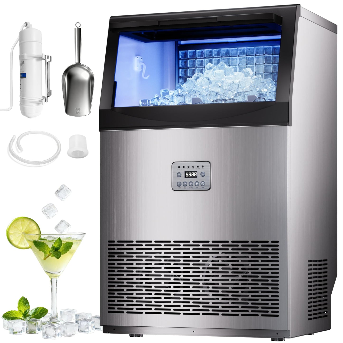 Commercial Ice Maker Machine 110lbs/24H, 33lbs Storage Ice Maker for Business, 50 Cubes in 7-14Mins, Stainless Steel Ice Maker for Cafe Bar Restaurant Beverage Shops, Under Counter Ice Machine
