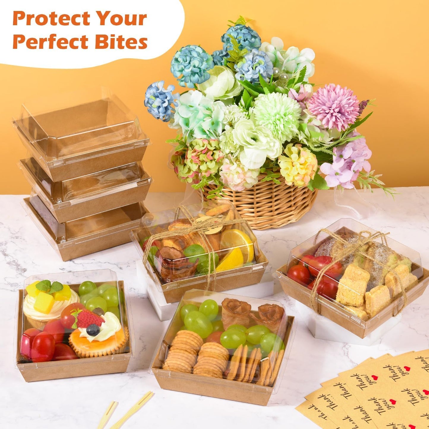 JPPSUJJ 50 Pack Charcuterie Boxes with Clear Lids, Paper Disposable To Go Small Food Containers, 5 Inch Dessert Boxes for Sandwich, Cookie, Cake Slice, Strawberries (Brown)